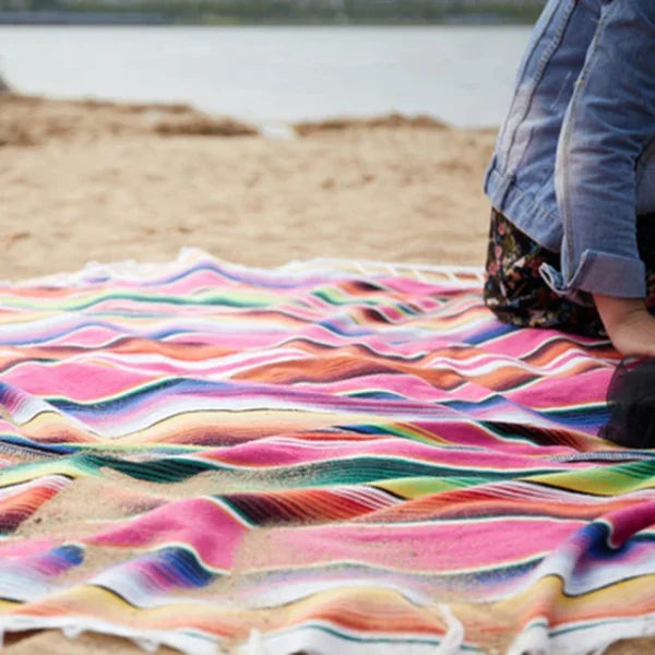 Mexican Serape Blanket – Striped Rainbow Travel Beach Mat with Tassels - Rose Red / 35x210cm / United States