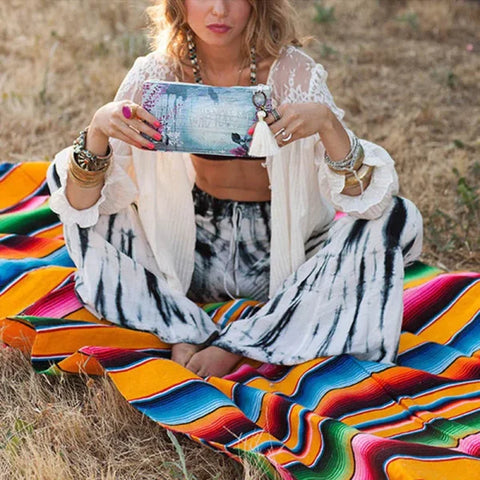 Mexican Serape Blanket – Striped Rainbow Travel Beach Mat with Tassels - Yellow / 35x210cm / United States