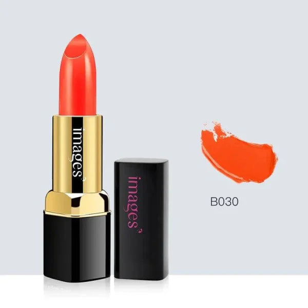 Vibrant coral-orange moisturizing lip gloss in black gold tube with swatch