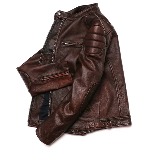Vintage Brown Genuine Leather Jacket – Slim Fit Cowhide Motorcycle Biker Coat - Himpall