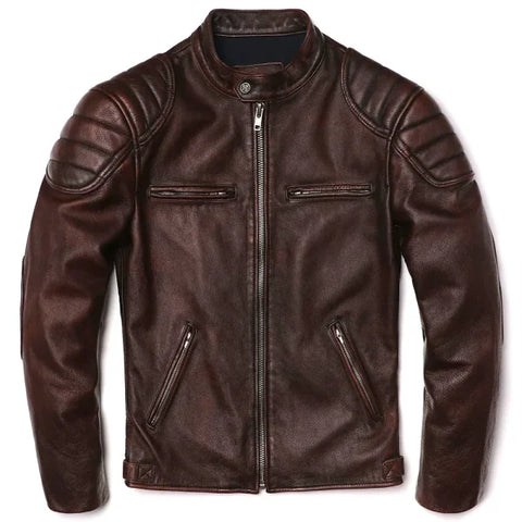 Vintage Brown Genuine Leather Jacket – Slim Fit Cowhide Motorcycle Biker Coat - Himpall