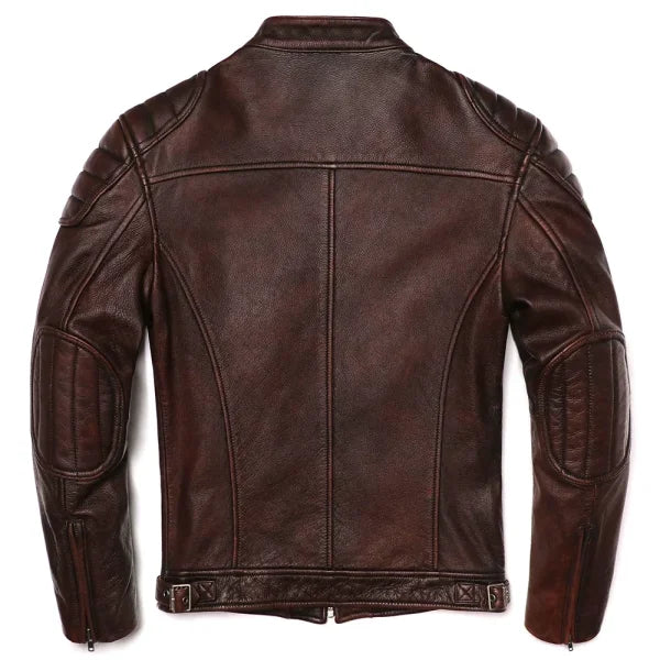 Vintage Brown Genuine Leather Jacket – Slim Fit Cowhide Motorcycle Biker Coat - Himpall