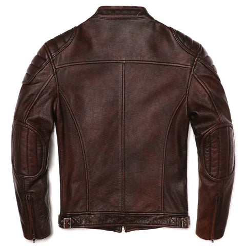 Vintage Brown Genuine Leather Jacket – Slim Fit Cowhide Motorcycle Biker Coat - Himpall