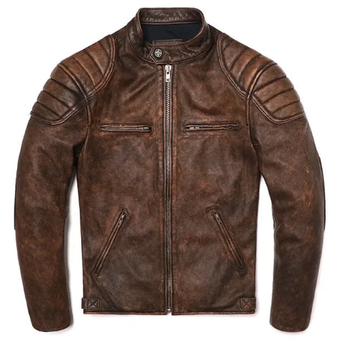 Vintage Camel Yellow Genuine Leather Jacket – Slim Fit Cowhide Motorcycle Biker Coat - Himpall