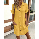 Vintage Cotton Linen V-neck Mini Dress Casual Summer Holiday Style - XXL / YELLOW
