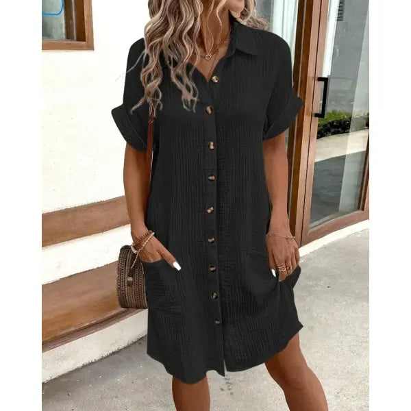 Vintage Cotton Linen V-neck Mini Dress Casual Summer Holiday Style - L / black