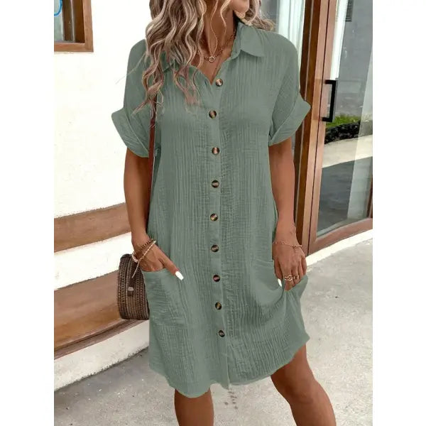 Vintage Cotton Linen V-neck Mini Dress Casual Summer Holiday Style - L / green