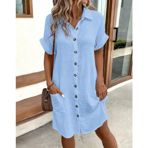 Vintage Cotton Linen V-neck Mini Dress Casual Summer Holiday Style - S / Blue