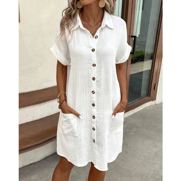 Vintage Cotton Linen V-neck Mini Dress Casual Summer Holiday Style - XL / WHITE