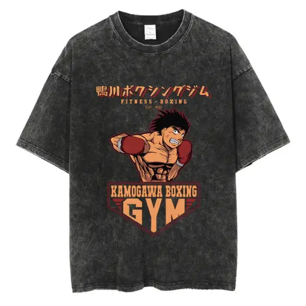 Vintage Cotton Washed T-Shirt Anime Hajime No Ippo Kamogawa Boxing Gym Loose T Shirts Men Women Y2K Hip Hop Summer Top
