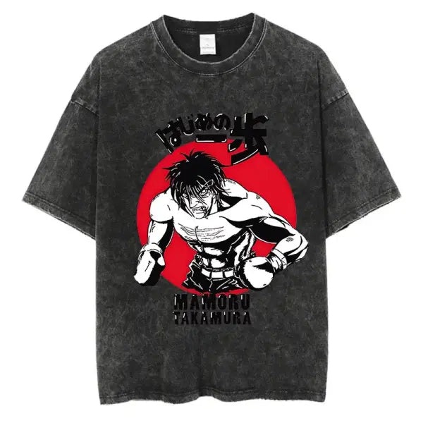 Vintage Cotton Washed T-Shirt Anime Hajime No Ippo Kamogawa Boxing Gym Loose T Shirts Men Women Y2K Hip Hop Summer Top