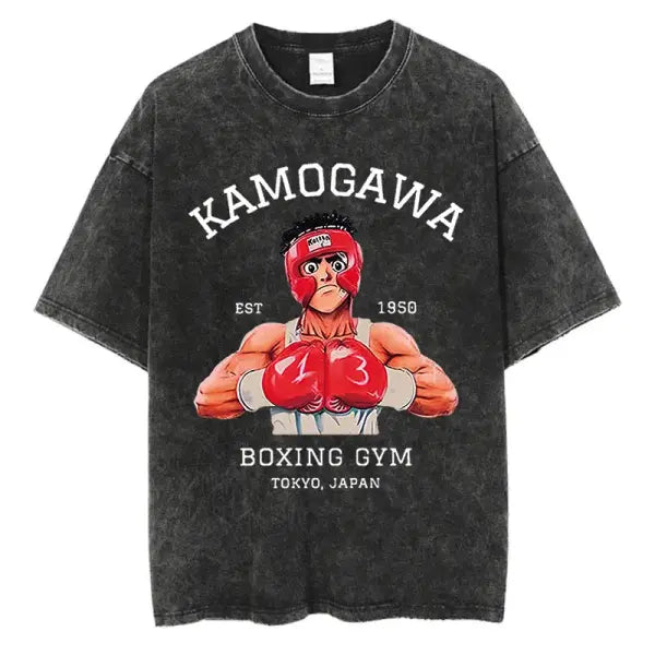 Vintage Cotton Washed T-Shirt Anime Hajime No Ippo Kamogawa Boxing Gym Loose T Shirts Men Women Y2K Hip Hop Summer Top