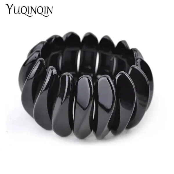 Black Obsidian Stone Bracelet in Curved Segments for Vintage Cuff Bracelet Jewelry