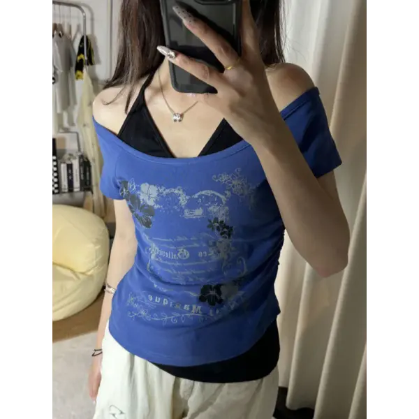 Vintage Y2K Fake Two-Piece Halter Tee - Lace-Up Off-Shoulder Slim Fit Print Top for Women
