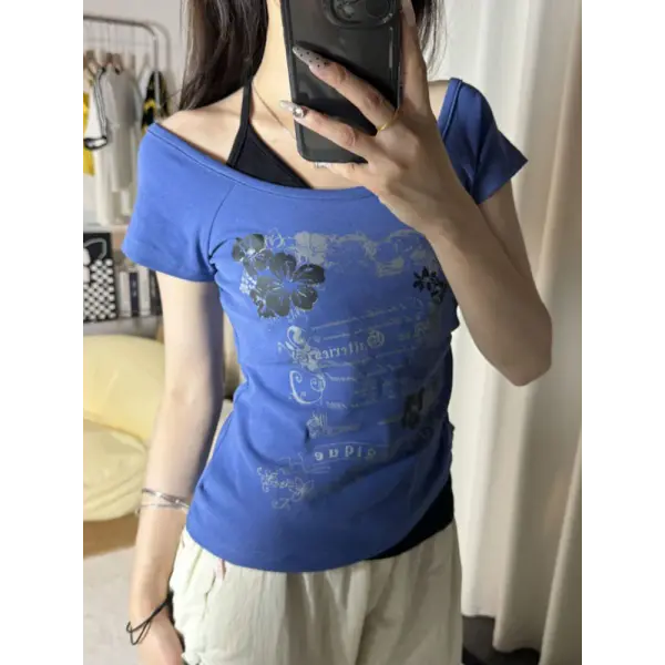 Vintage Y2K Fake Two-Piece Halter Tee - Lace-Up Off-Shoulder Slim Fit Print Top for Women