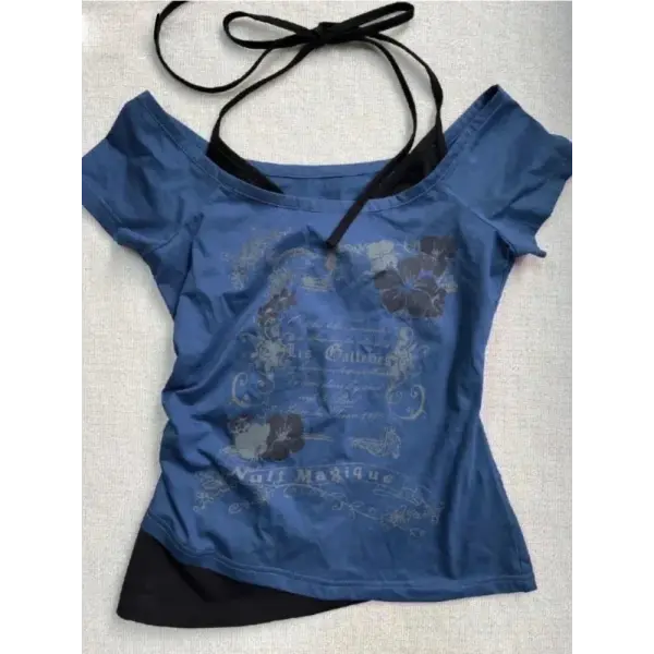 Vintage Y2K Fake Two-Piece Halter Tee - Lace-Up Off-Shoulder Slim Fit Print Top for Women - M / blue