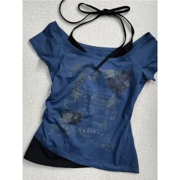 Vintage Y2K Fake Two-Piece Halter Tee - Lace-Up Off-Shoulder Slim Fit Print Top for Women