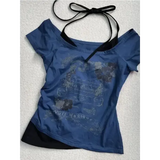 Vintage Y2K Fake Two-Piece Halter Tee - Lace-Up Off-Shoulder Slim Fit Print Top for Women