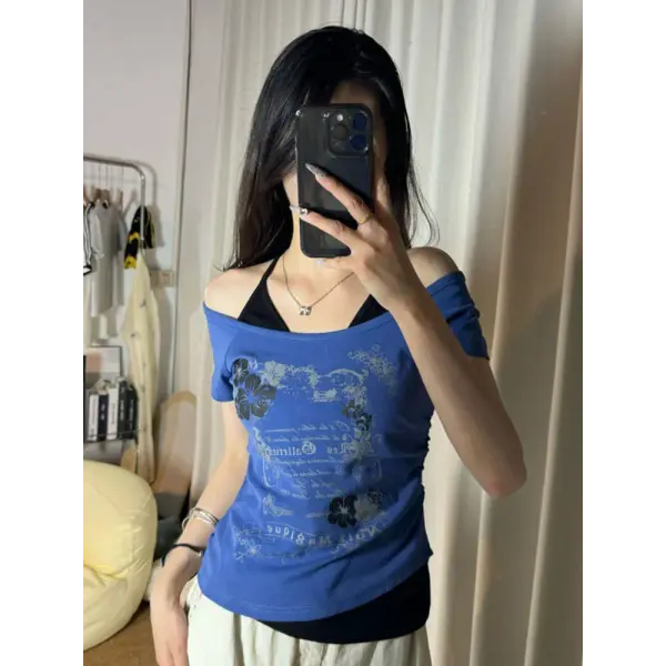 Vintage Y2K Fake Two-Piece Halter Tee - Lace-Up Off-Shoulder Slim Fit Print Top for Women