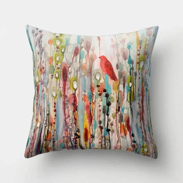 Vintage Flower Pillow Case: Blue Painting Flower Bird Design - 1 / 40x40cm