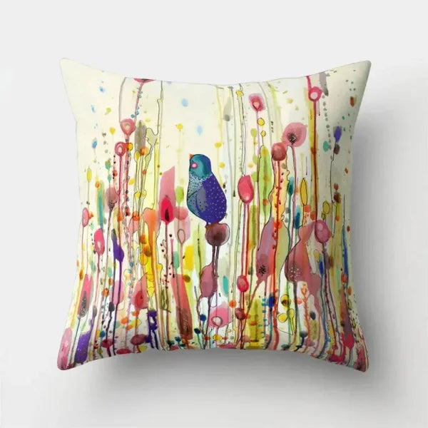 Vintage Flower Pillow Case: Blue Painting Flower Bird Design - 10 / 60x60cm