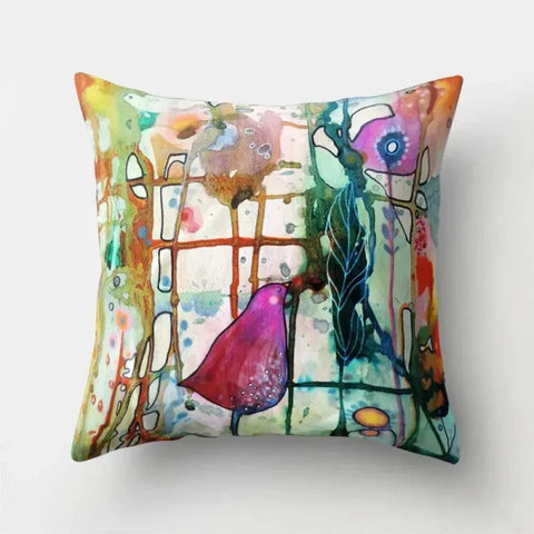 Vintage Flower Pillow Case: Blue Painting Flower Bird Design - 15 / 40x40cm