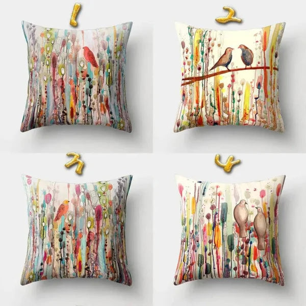 Vintage Flower Pillow Case: Blue Painting Flower Bird Design