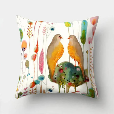 Vintage Flower Pillow Case: Blue Painting Flower Bird Design - 5 / 40x40cm