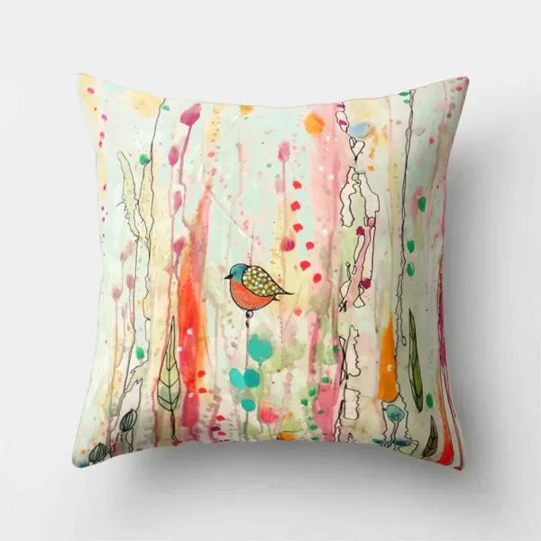 Vintage Flower Pillow Case: Blue Painting Flower Bird Design - 6 / 60x60cm