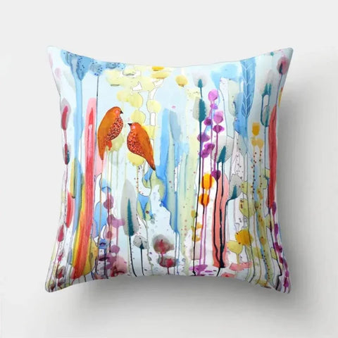 Vintage Flower Pillow Case: Blue Painting Flower Bird Design - 7 / 60x60cm