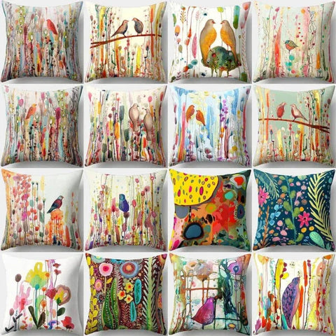 Vintage Flower Pillow Case: Blue Painting Flower Bird Design