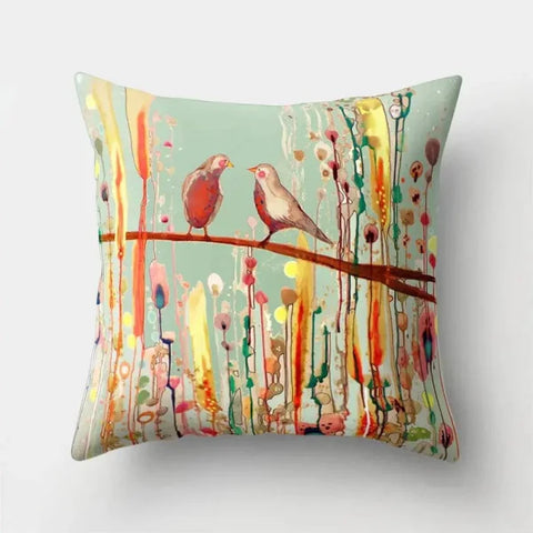 Vintage Flower Pillow Case: Blue Painting Flower Bird Design - 8 / 60x60cm