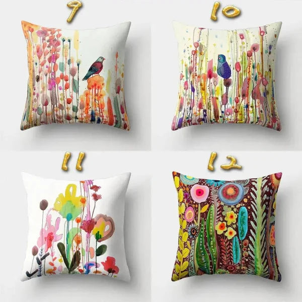 Vintage Flower Pillow Case: Blue Painting Flower Bird Design