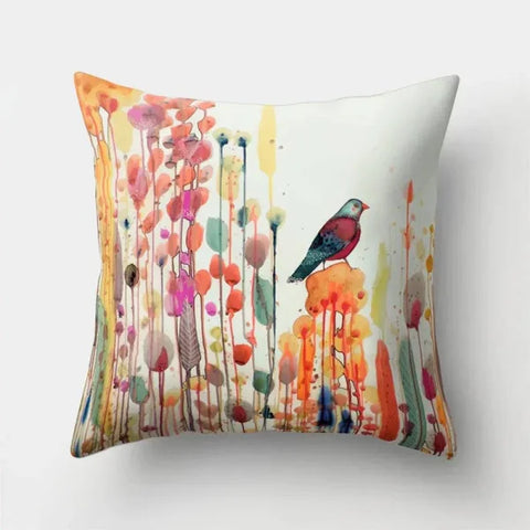 Vintage Flower Pillow Case: Blue Painting Flower Bird Design - 9 / 40x40cm