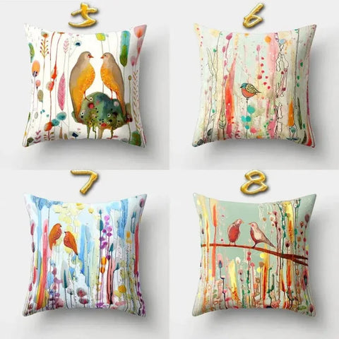 Vintage Flower Pillow Case: Blue Painting Flower Bird Design