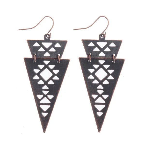 Vintage Geometric Earrings - Antique Bronze Hollow Statement Drop Hoop Jewelry - Himpall