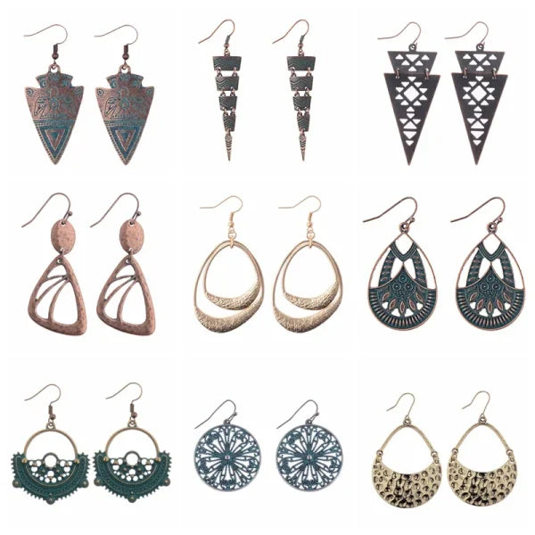 Vintage Geometric Earrings - Antique Bronze Hollow Statement Drop Hoop Jewelry - Himpall