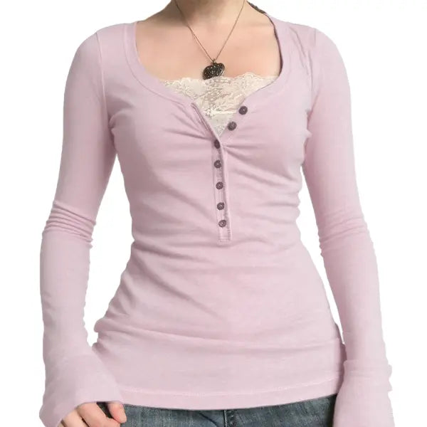 Vintage Lace Patchwork Cotton T-Shirt - Korean Fashion Fairy Grunge Y2K Top for Spring & Autumn - -17- / M