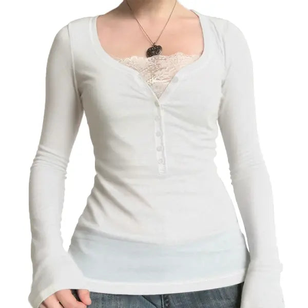 Vintage Lace Patchwork Cotton T-Shirt - Korean Fashion Fairy Grunge Y2K Top for Spring & Autumn - -20- / L