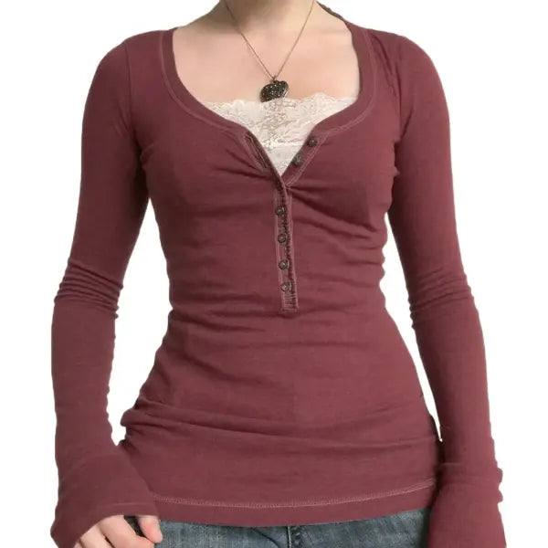 Vintage Lace Patchwork Cotton T-Shirt - Korean Fashion Fairy Grunge Y2K Top for Spring & Autumn - -18- / L