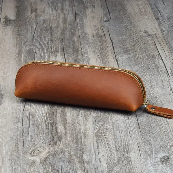 Vintage leather pencil glasses box for secure stationery storage - Dark brown
