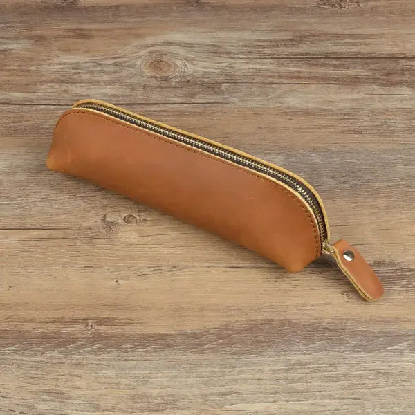 Vintage leather pencil glasses box for secure stationery storage - Light brown