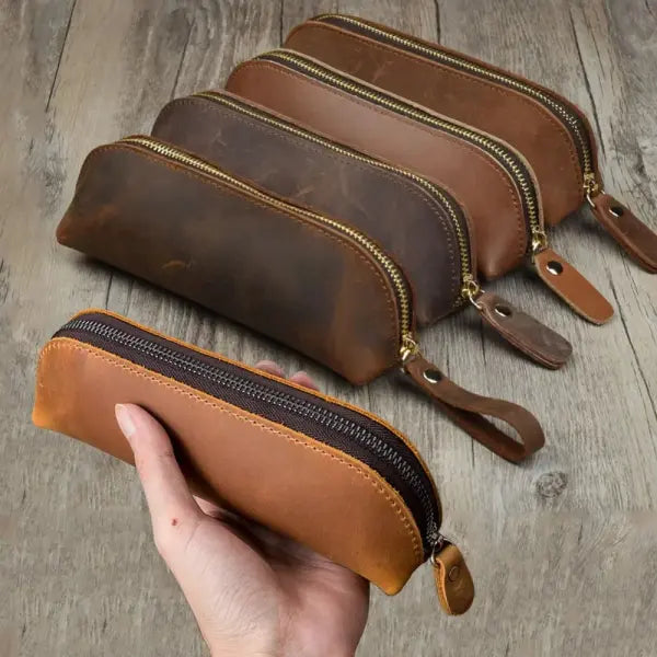 Vintage leather pencil glasses box for secure stationery storage
