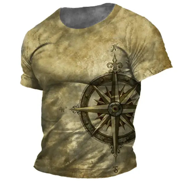 Vintage Men’s T-shirt Summer American Shirt Tops Compass Printed Short-sleeve Tees Loose Daily Men Clothing Casual