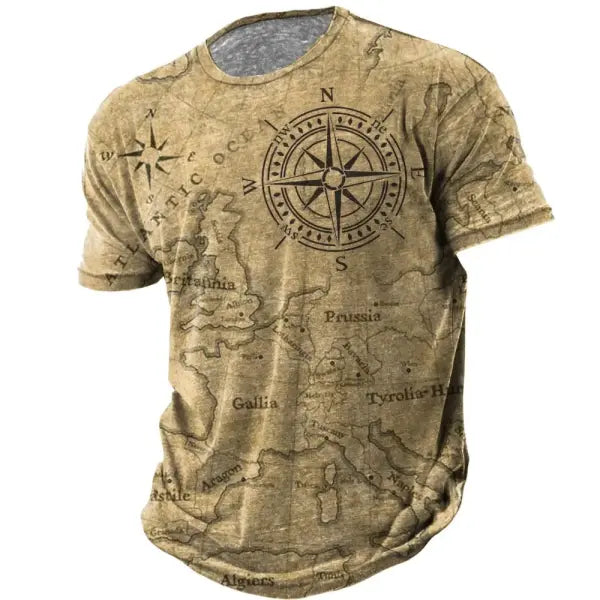 Vintage Men’s T-shirt Summer American Shirt Tops Compass Printed Short-sleeve Tees Loose Daily Men Clothing Casual