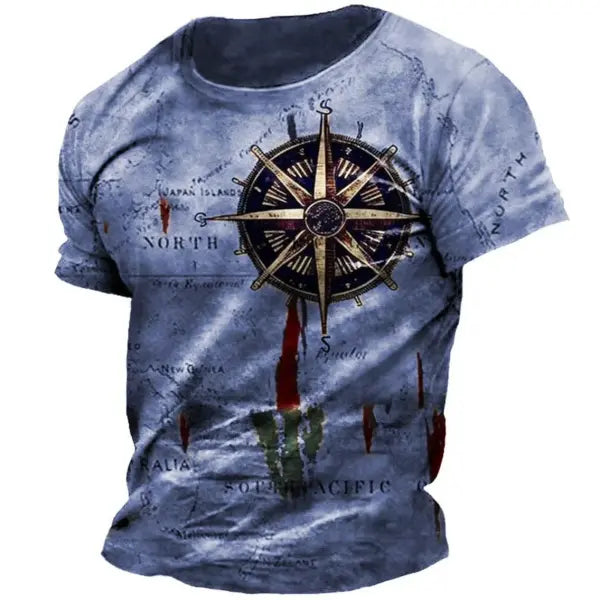 Vintage Men’s T-shirt Summer American Shirt Tops Compass Printed Short-sleeve Tees Loose Daily Men Clothing Casual
