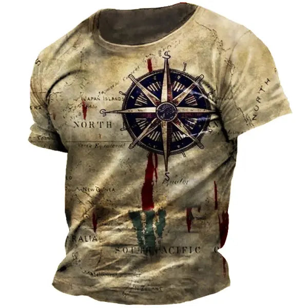 Vintage Men’s T-shirt Summer American Shirt Tops Compass Printed Short-sleeve Tees Loose Daily Men Clothing Casual