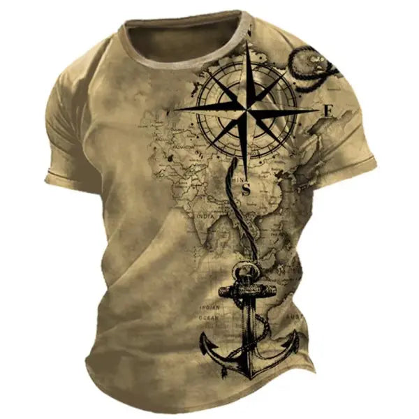 Vintage Men’s T-shirt Summer American Shirt Tops Compass Printed Short-sleeve Tees Loose Daily Men Clothing Casual