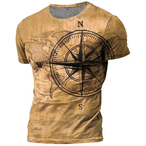 Vintage Men’s T-shirt Summer American Shirt Tops Compass Printed Short-sleeve Tees Loose Daily Men Clothing Casual