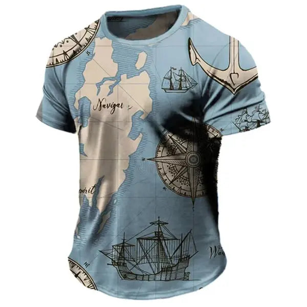 Vintage Men’s T-shirt Summer American Shirt Tops Compass Printed Short-sleeve Tees Loose Daily Men Clothing Casual